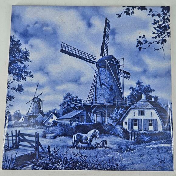 Vintage BLUE DELFT Dutch Windmill Countryside TILE Mosa Made in Holland - Picture 1 of 4